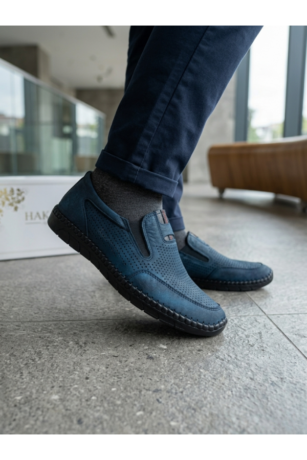 El Yapımı Hakiki Deri Erkek Loafer – Nefes Alabilen Lacivert Günlük Yazlık Ayakkabı