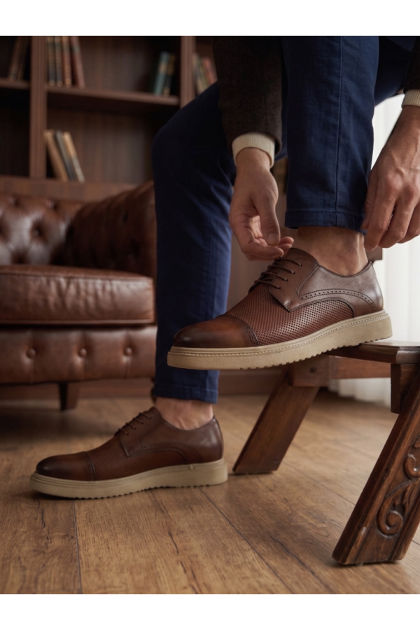 Erkek Taba Rengi Deri Kalın Tabanlı Smart Casual Bağcıklı Ayakkabı