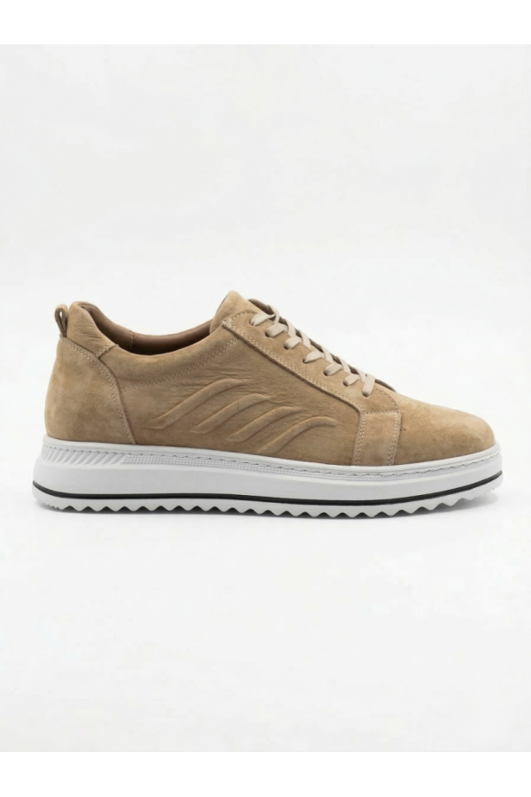 Erkek Taba Süet Günlük Ayakkabı - Kalın Beyaz Tabanlı Dalga Desenli Sneaker