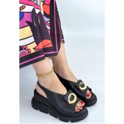 Gwon Siyah Cilt Dolgu Topuk Sandalet